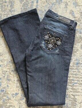 GUESS Women’s Dark Blue Distressed Flare Jeans